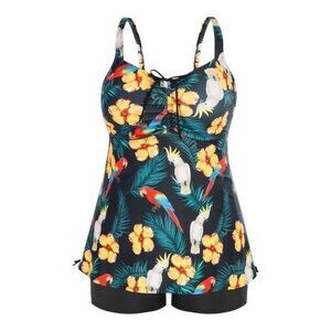 Black Tankini Floral Parrot Green Leaves Swimsuit Size 24W NWT #0339-DS